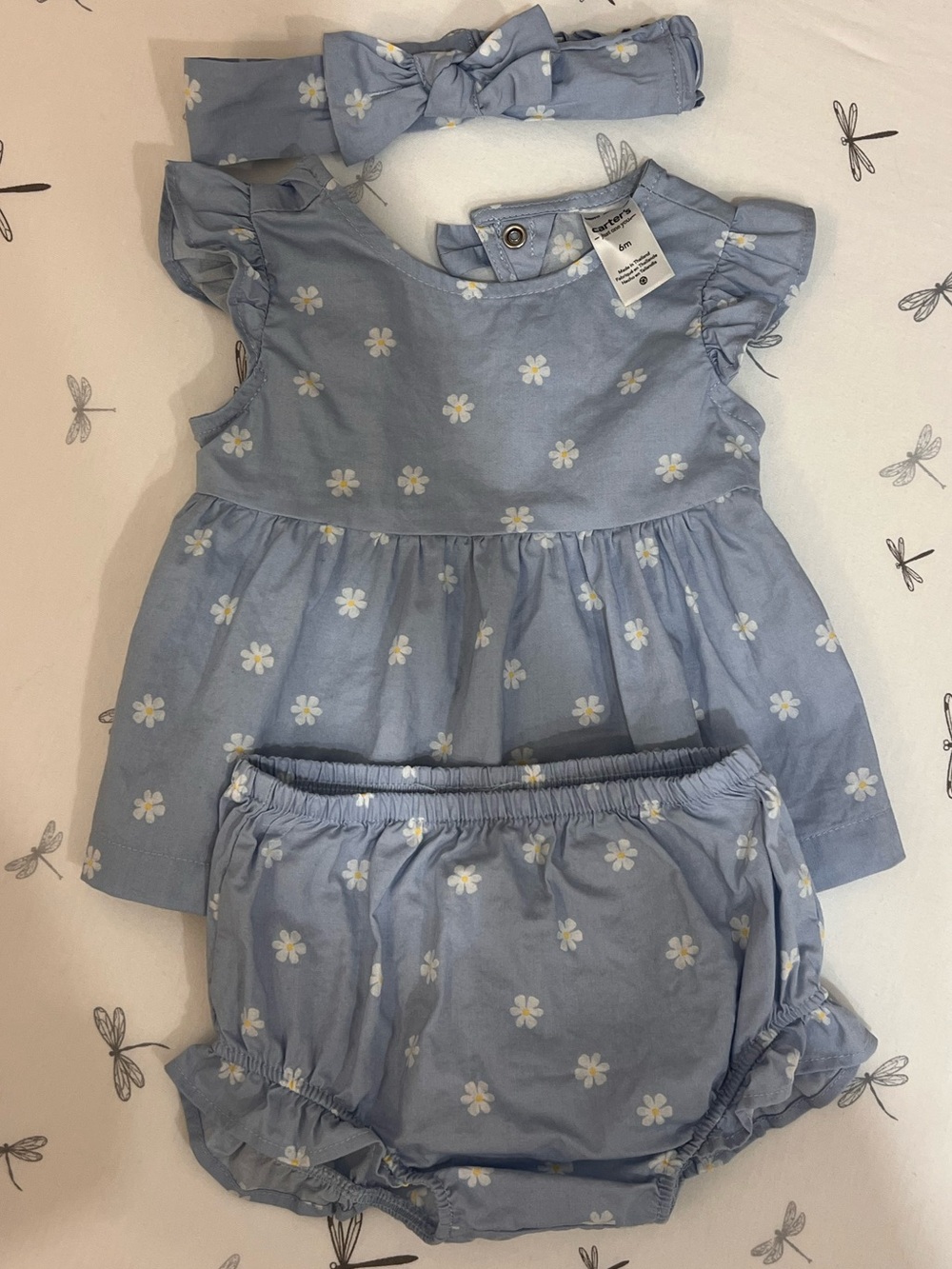 Carter's Light Blue Daisy Dress, Bloomers & I Headband Set